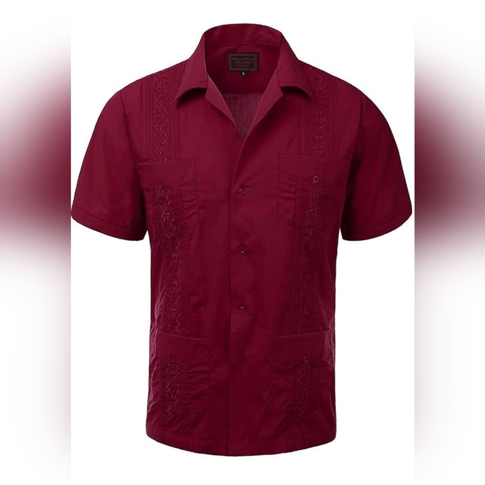 Maximos Guayabera Burgundy Cuban Short Sleeve Button Up Shirt Men's Sz S